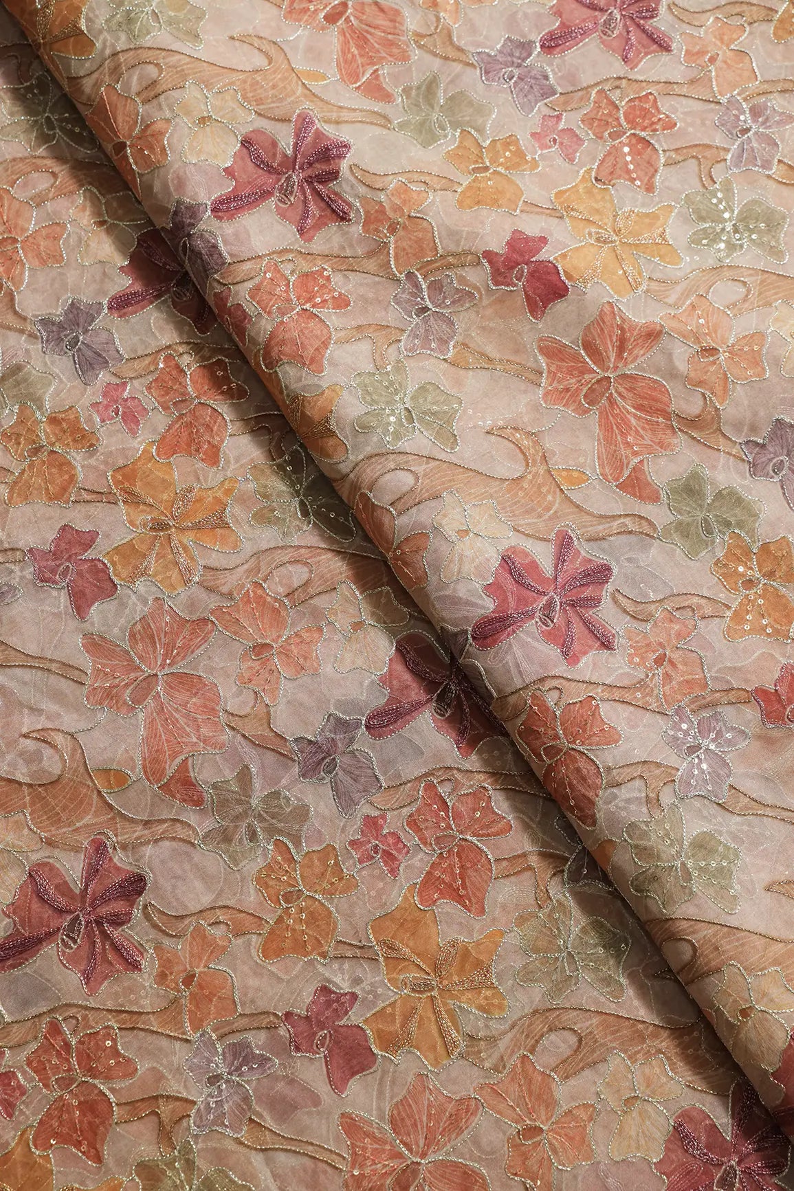 Floral Positional Print On Sequins With Zari Embroidery On Tan Beige Organza Fabric