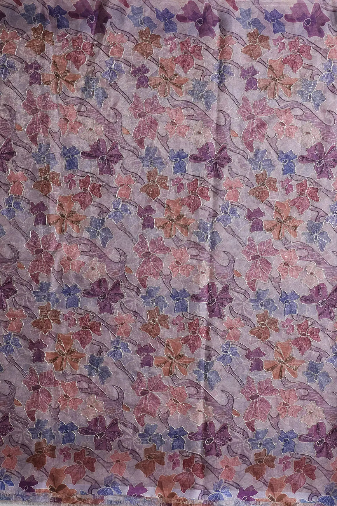 Floral Positional Print On Sequins With Zari Embroidery On Lavender Organza Fabric