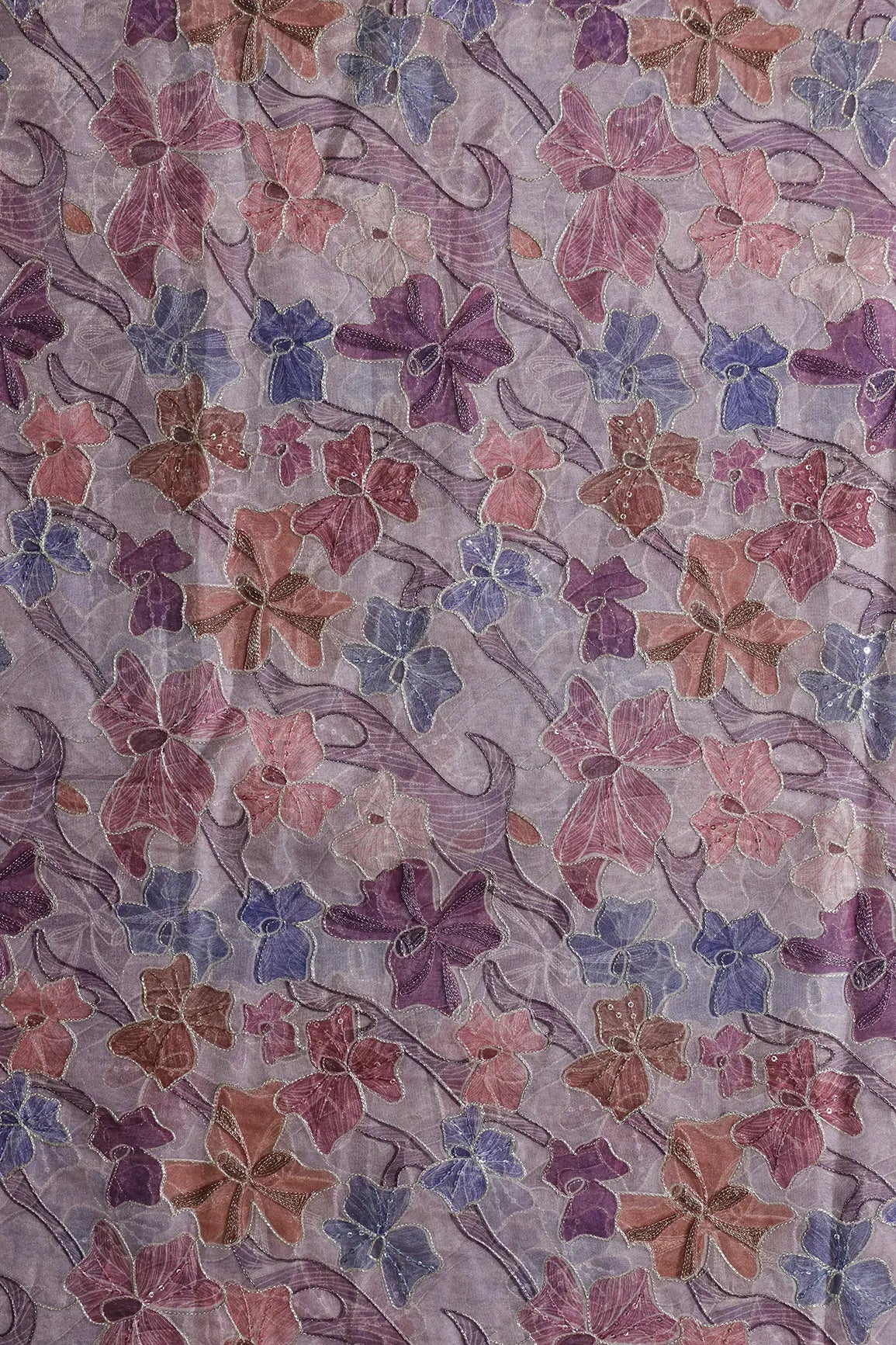 Floral Positional Print On Sequins With Zari Embroidery On Lavender Organza Fabric