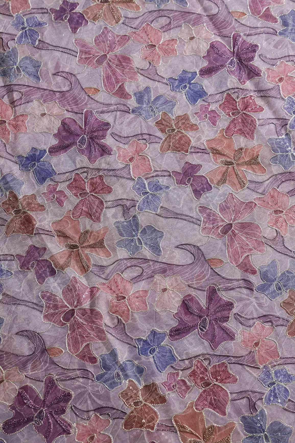 Floral Positional Print On Sequins With Zari Embroidery On Lavender Organza Fabric