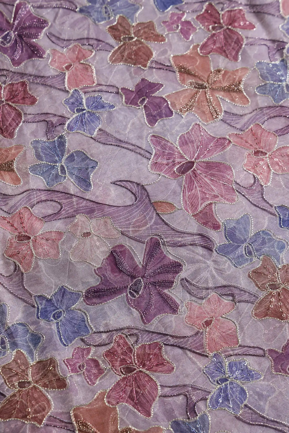 Floral Positional Print On Sequins With Zari Embroidery On Lavender Organza Fabric