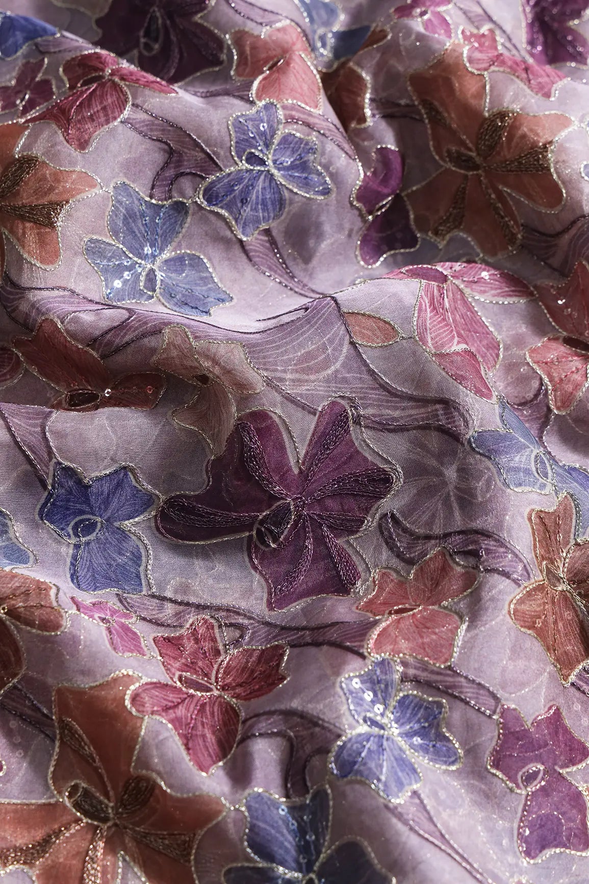 Floral Positional Print On Sequins With Zari Embroidery On Lavender Organza Fabric