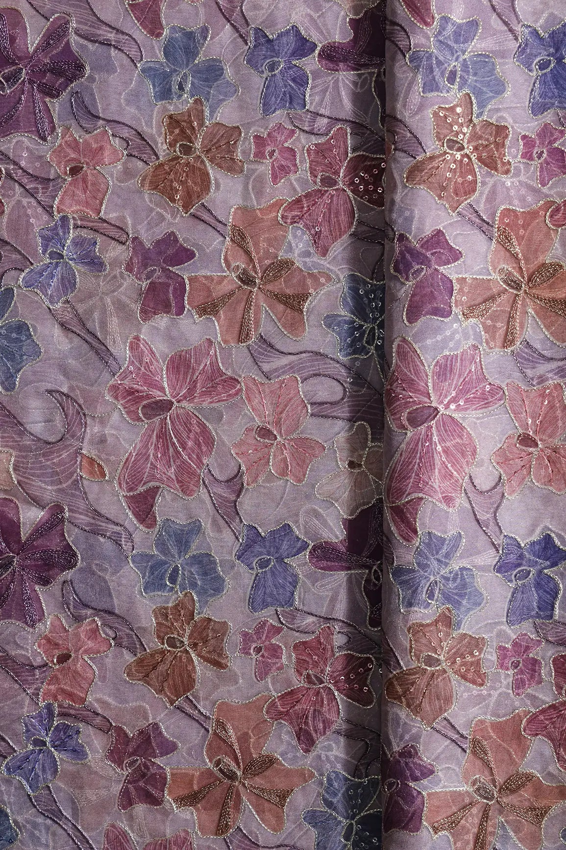 Floral Positional Print On Sequins With Zari Embroidery On Lavender Organza Fabric