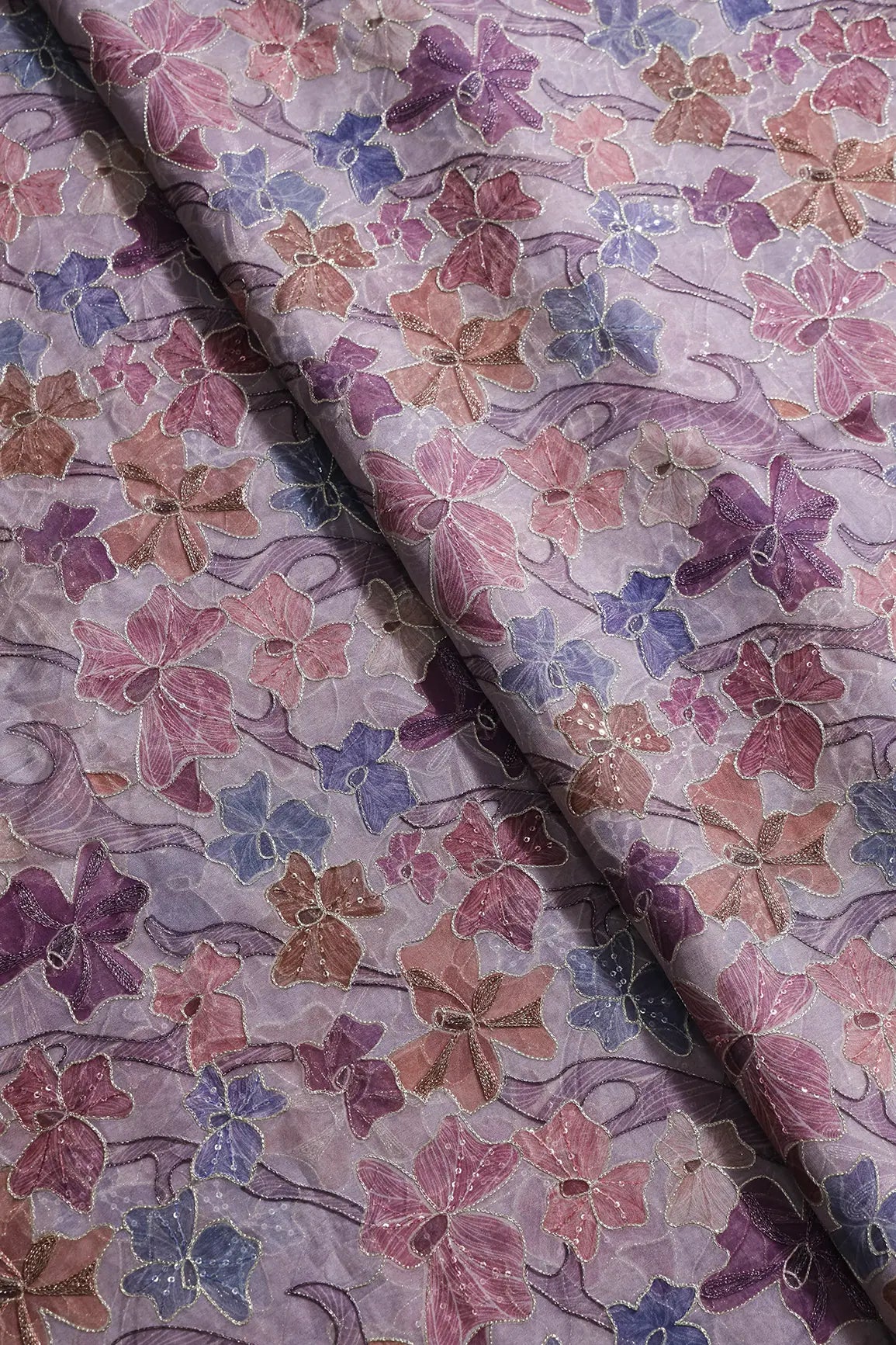 Floral Positional Print On Sequins With Zari Embroidery On Lavender Organza Fabric