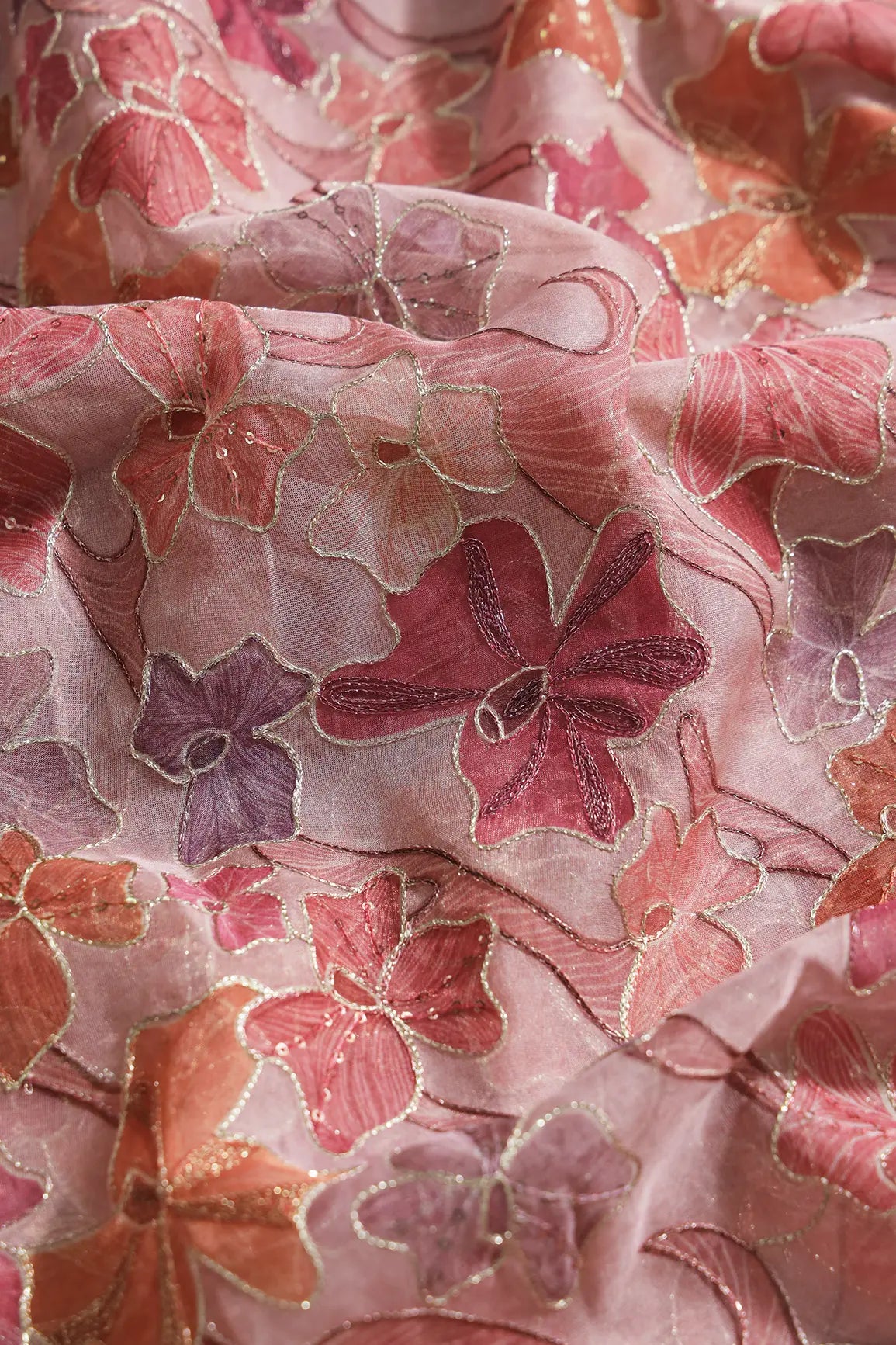 Floral Positional Print On Sequins With Zari Embroidery On Pastel Pink Organza Fabric
