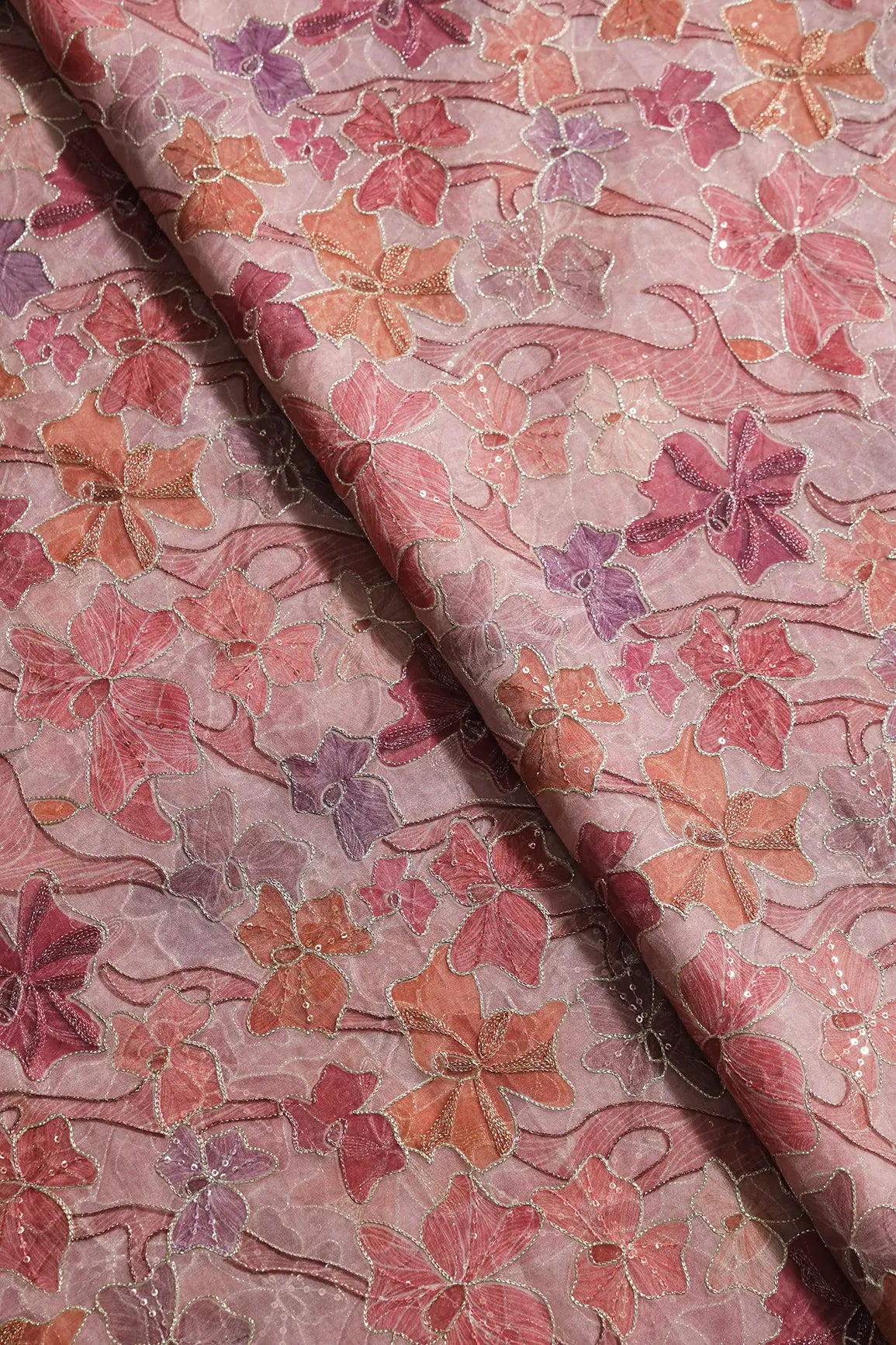 Floral Positional Print On Sequins With Zari Embroidery On Pastel Pink Organza Fabric