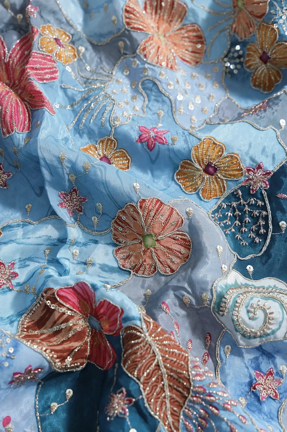 Zari with Sequins Floral Positional Print On Pastel Blue Pure Crepe Fabric