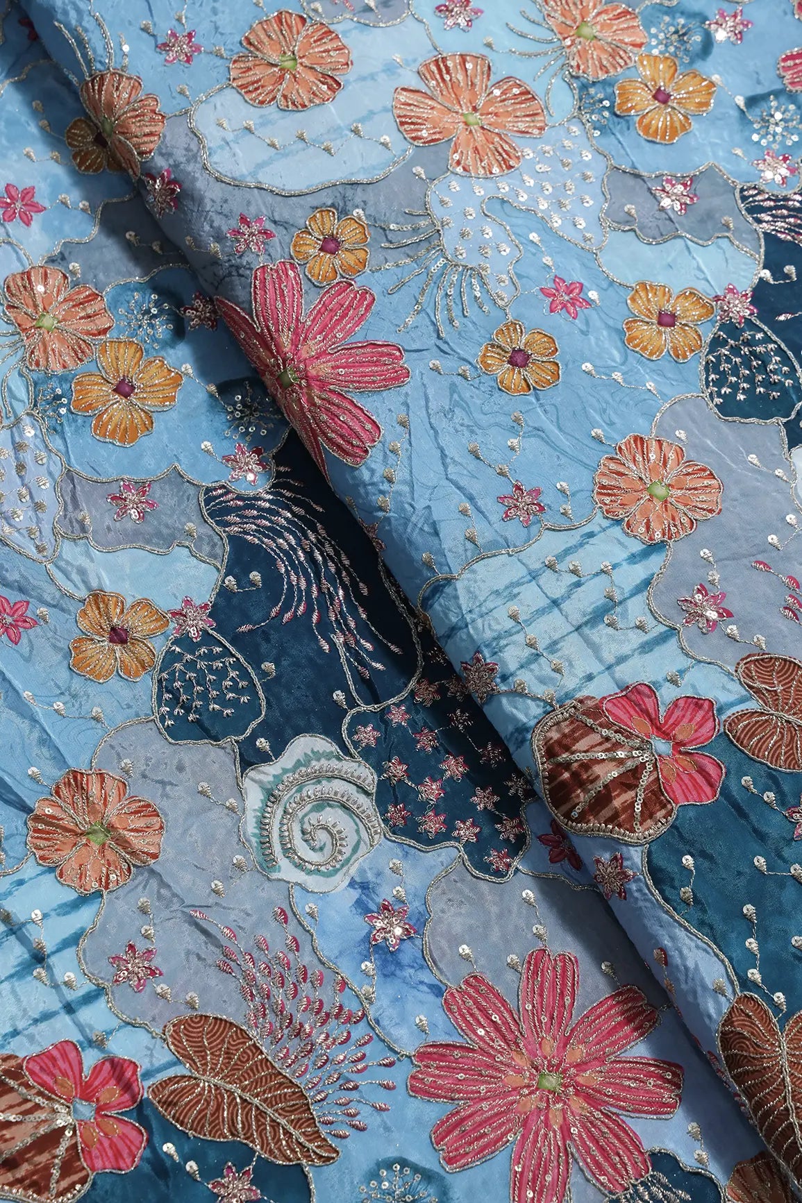 Zari with Sequins Floral Positional Print On Pastel Blue Pure Crepe Fabric