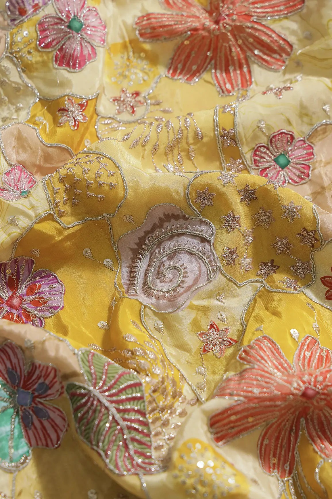 Zari with Sequins Floral Positional Print On Pastel Yellow Pure Crepe Fabric