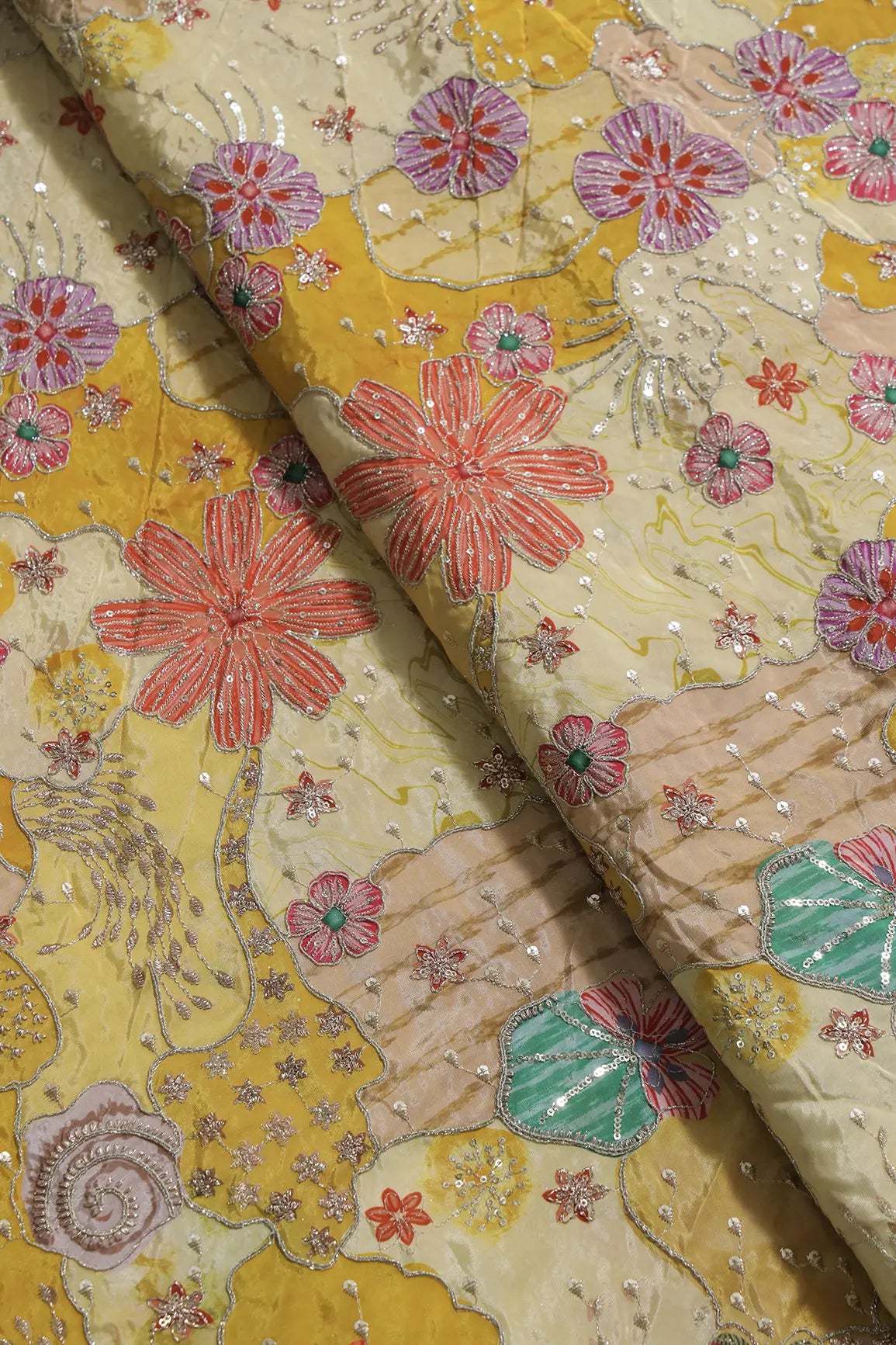Zari with Sequins Floral Positional Print On Pastel Yellow Pure Crepe Fabric