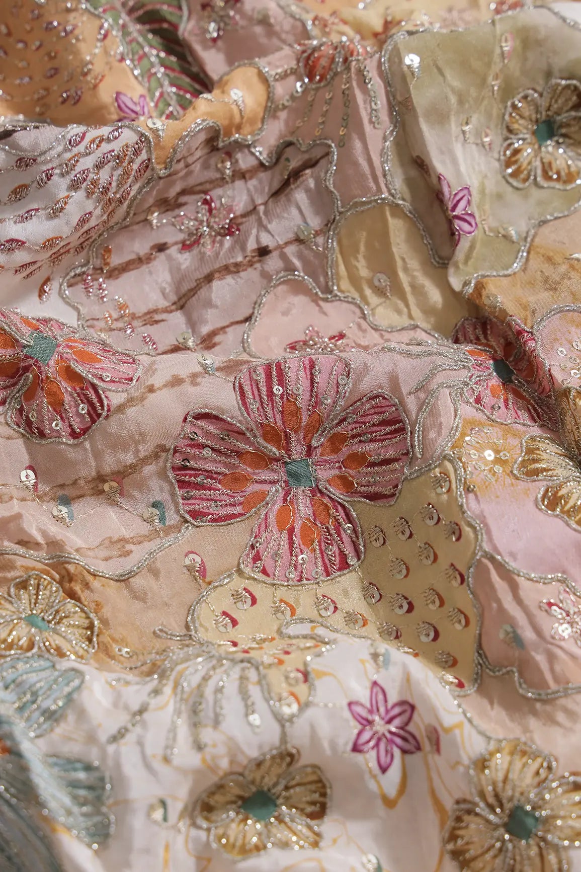 Zari with Sequins Floral Positional Print On Peach Pure Crepe Fabric