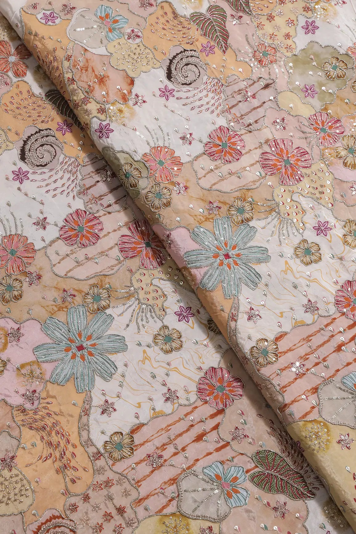 Zari with Sequins Floral Positional Print On Peach Pure Crepe Fabric