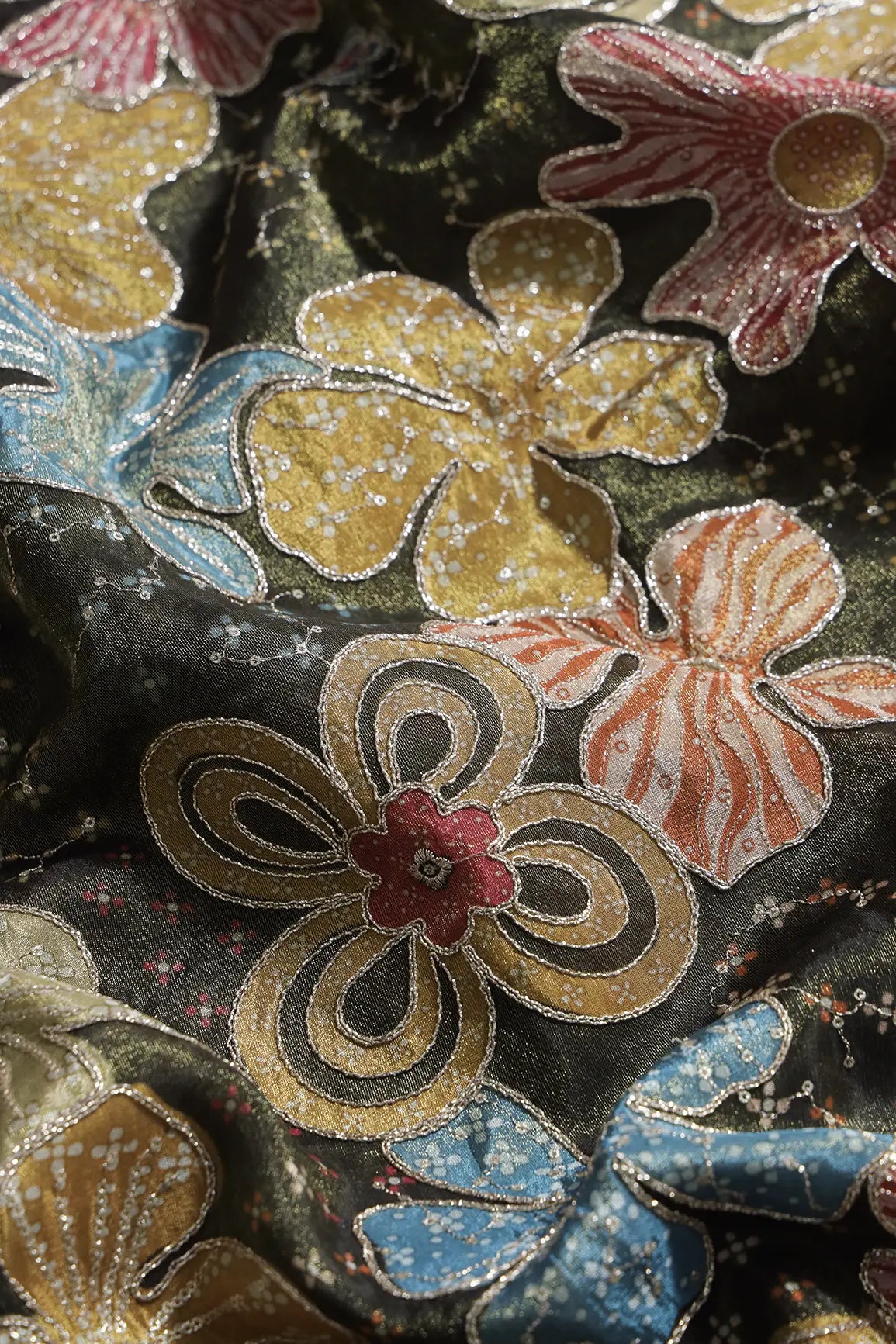 Floral Positional Print On Sequins With Zari Embroidery On Mehndi Green Viscose Zari Tissue Fabric