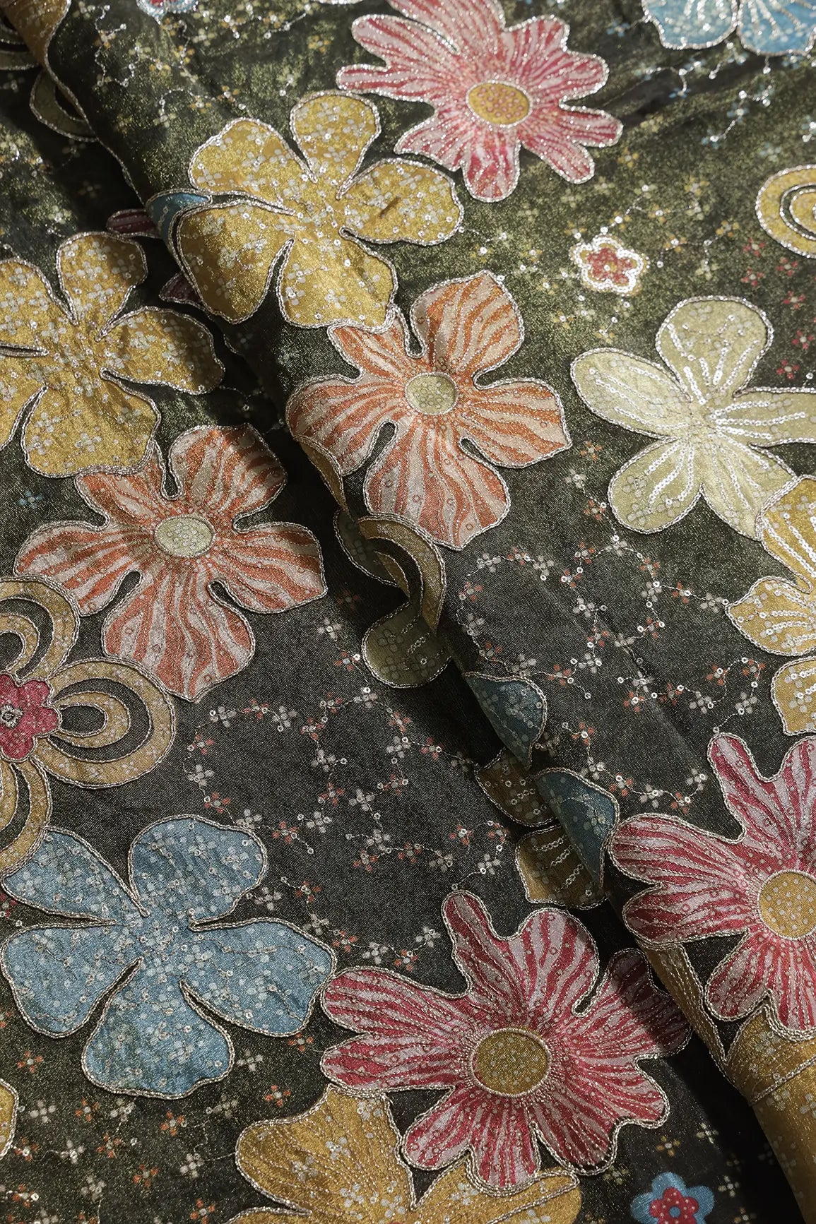 Floral Positional Print On Sequins With Zari Embroidery On Mehndi Green Viscose Zari Tissue Fabric