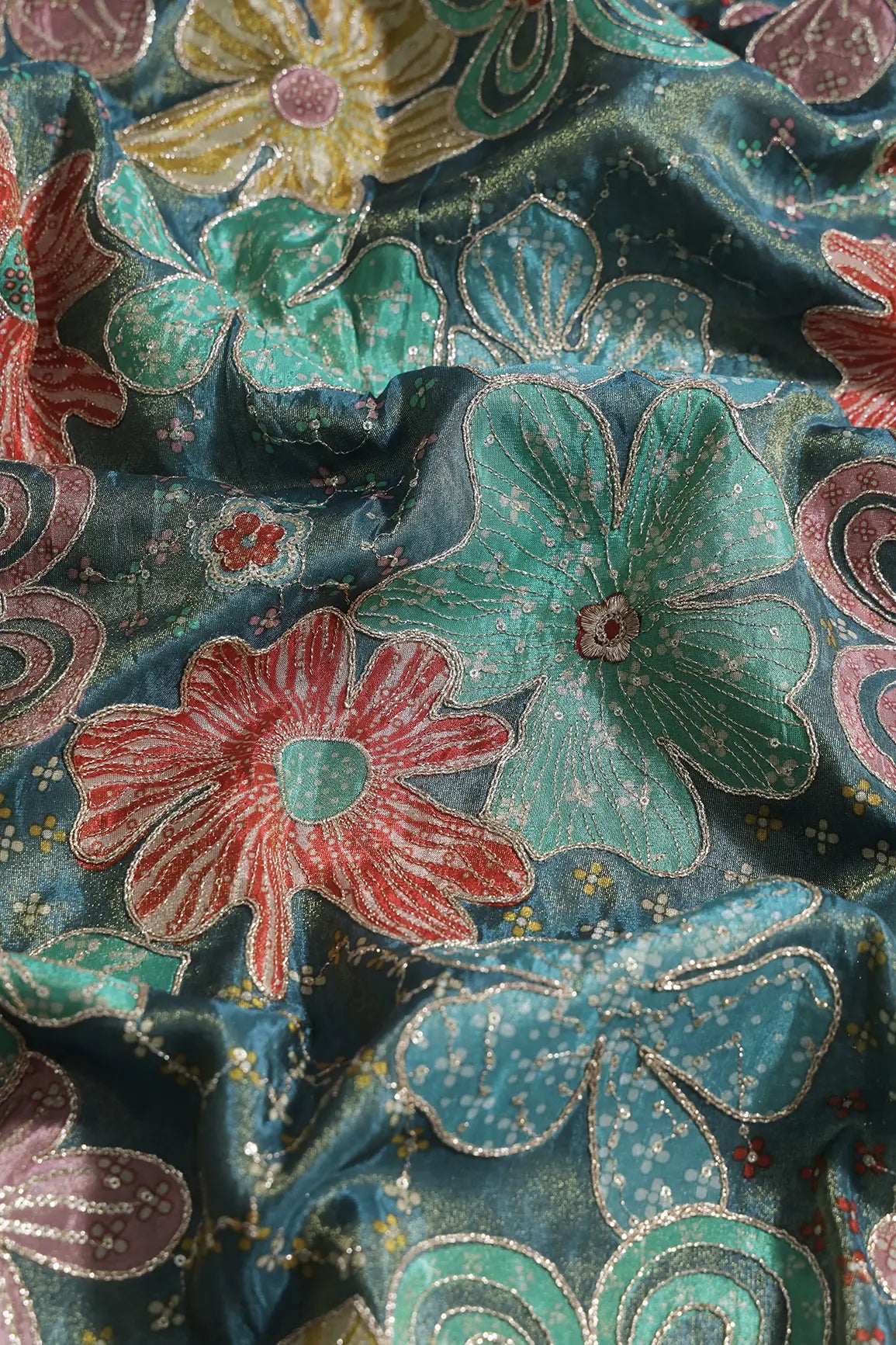 Floral Positional Print On Sequins With Zari Embroidery On Rama Viscose Zari Tissue Fabric