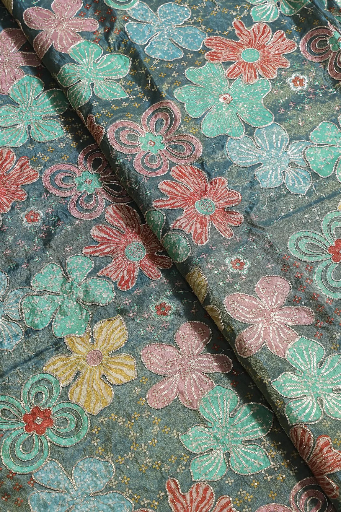 Floral Positional Print On Sequins With Zari Embroidery On Rama Viscose Zari Tissue Fabric