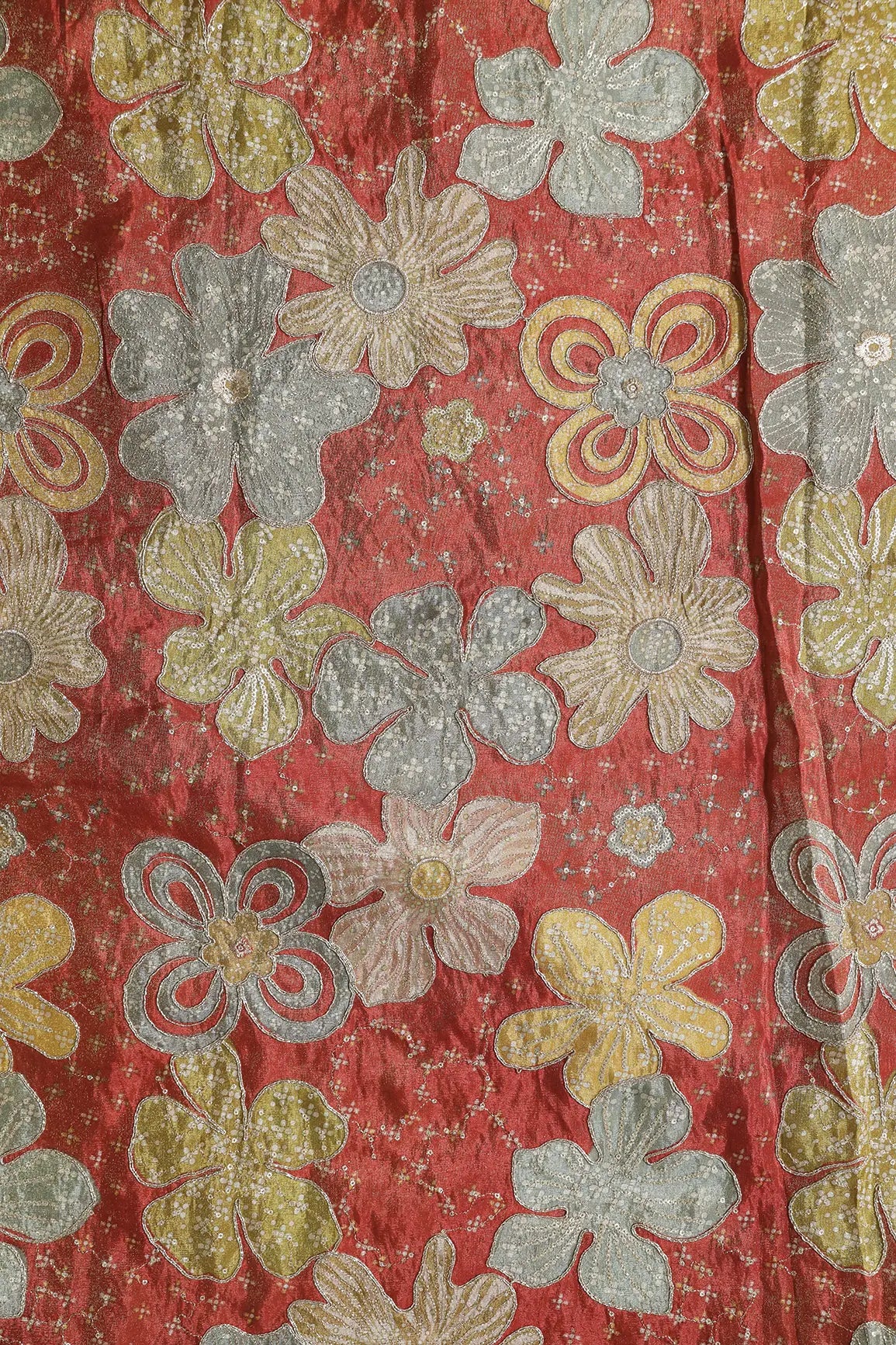 Floral Positional Print On Sequins With Zari Embroidery On Rust Viscose Zari Tissue Fabric