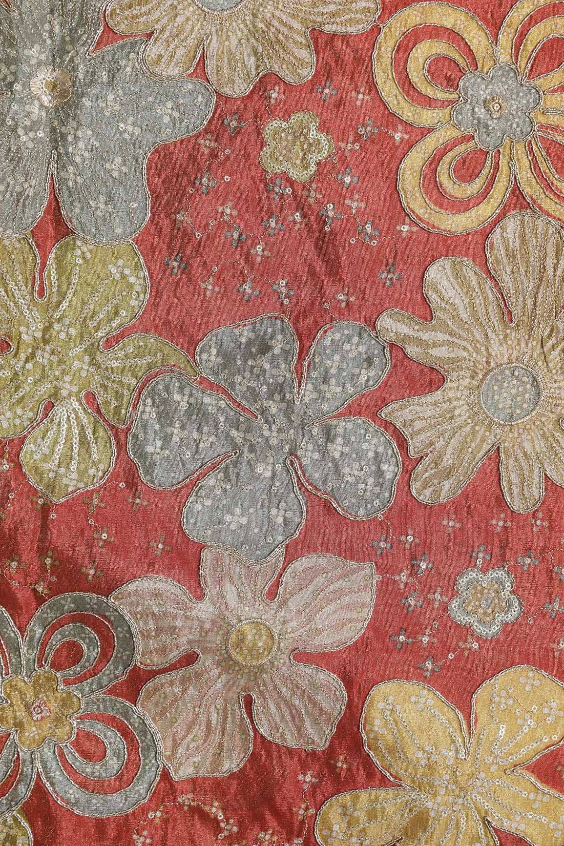 Floral Positional Print On Sequins With Zari Embroidery On Rust Viscose Zari Tissue Fabric