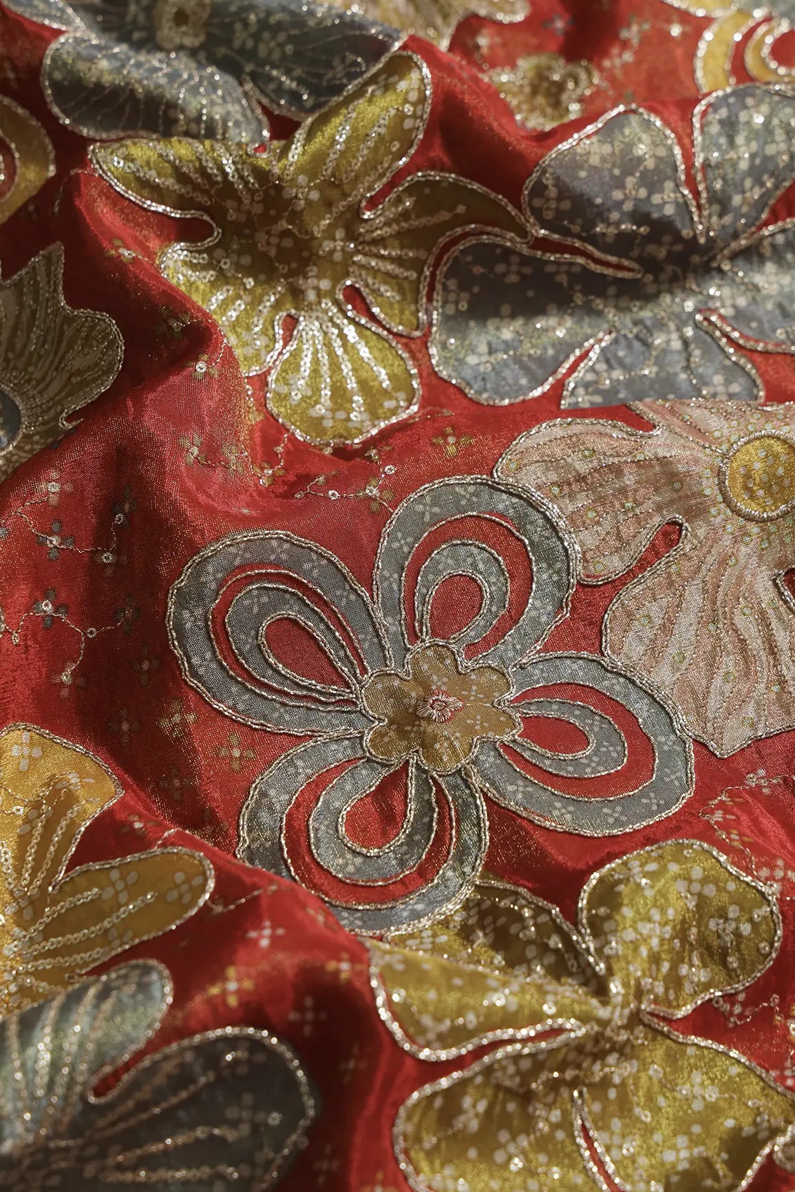Floral Positional Print On Sequins With Zari Embroidery On Rust Viscose Zari Tissue Fabric