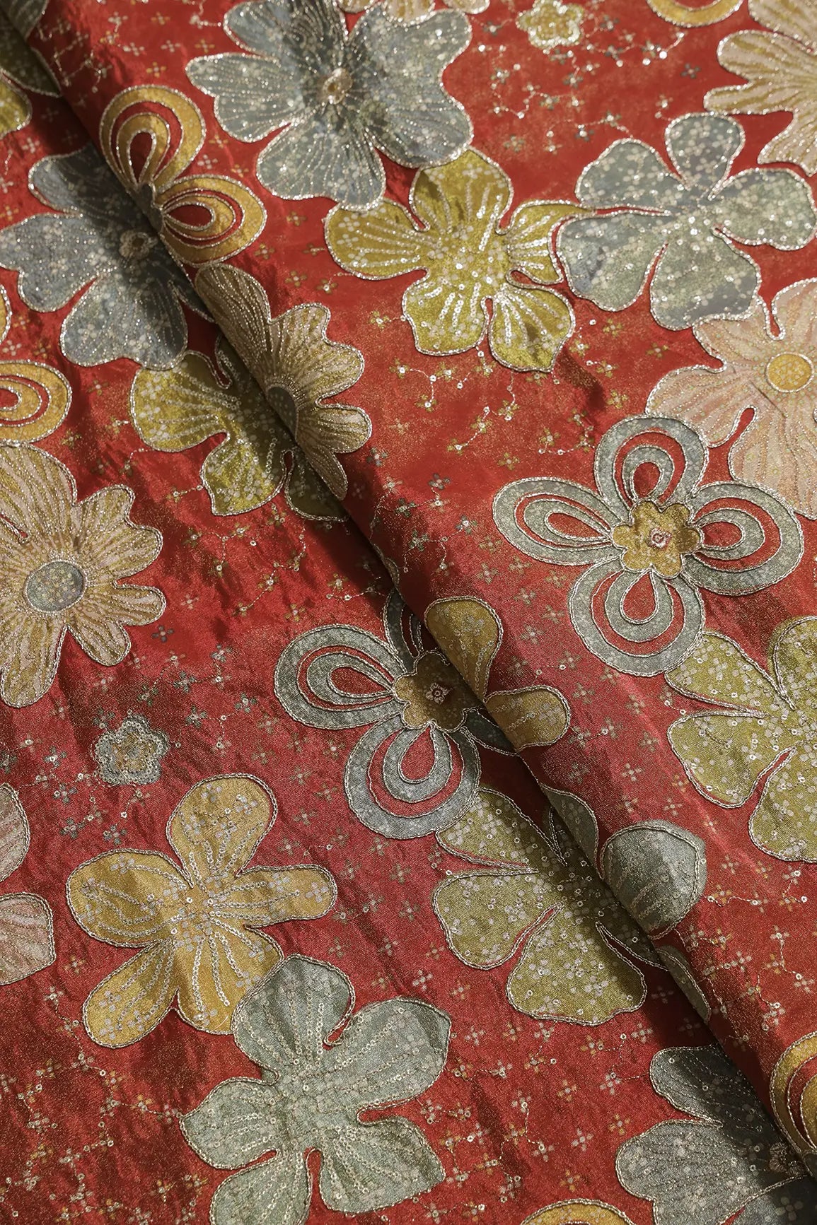 Floral Positional Print On Sequins With Zari Embroidery On Rust Viscose Zari Tissue Fabric