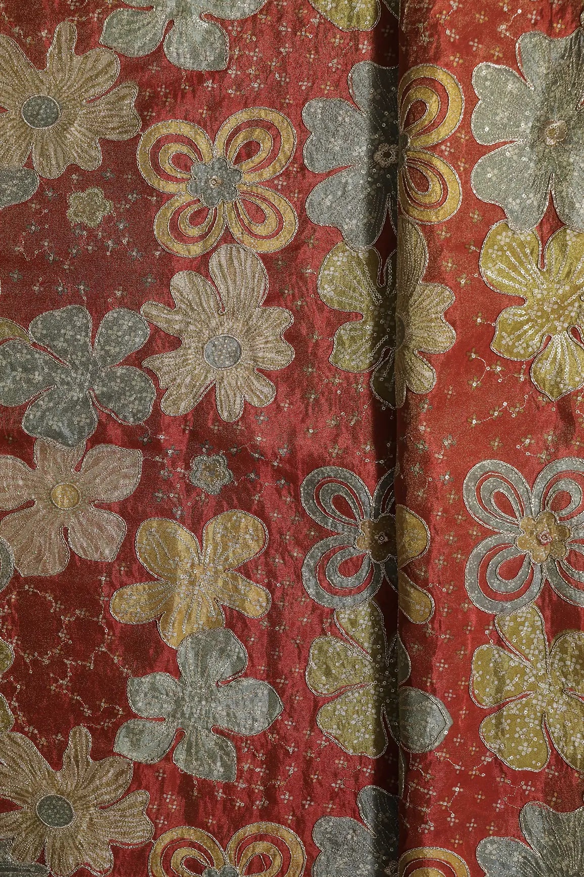 Floral Positional Print On Sequins With Zari Embroidery On Rust Viscose Zari Tissue Fabric