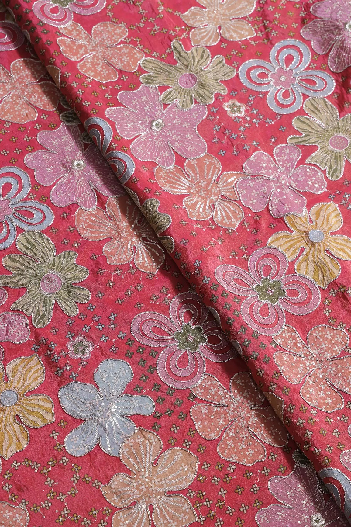 Floral Positional Print On Sequins With Zari Embroidery On Rani Viscose Zari Tissue Fabric