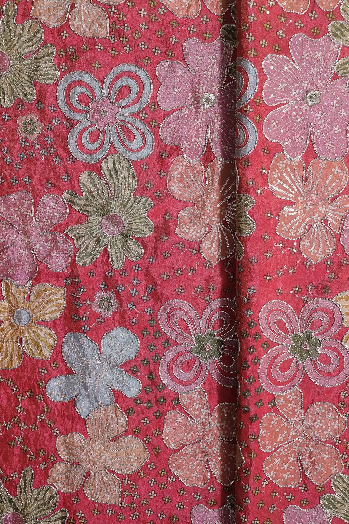 Floral Positional Print On Sequins With Zari Embroidery On Rani Viscose Zari Tissue Fabric
