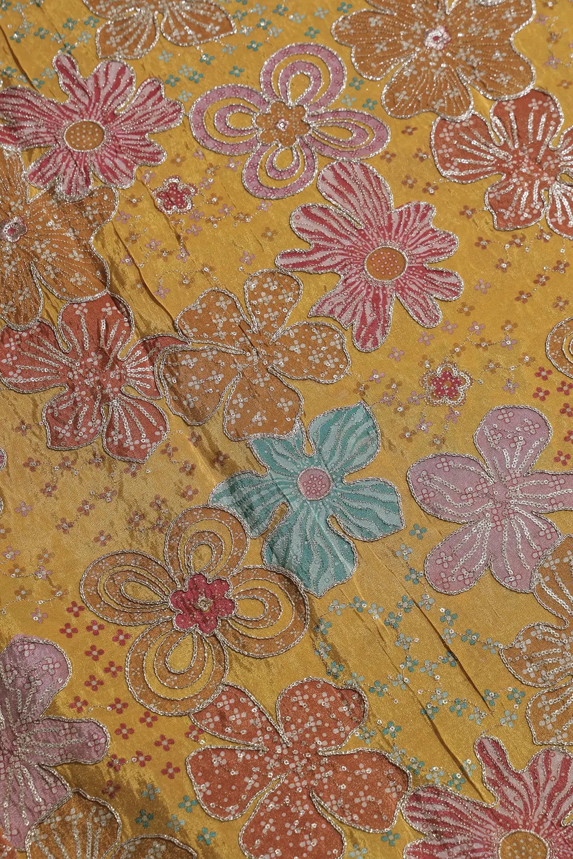 Floral Positional Print On Sequins With Zari Embroidery On Yellow Viscose Zari Tissue Fabric