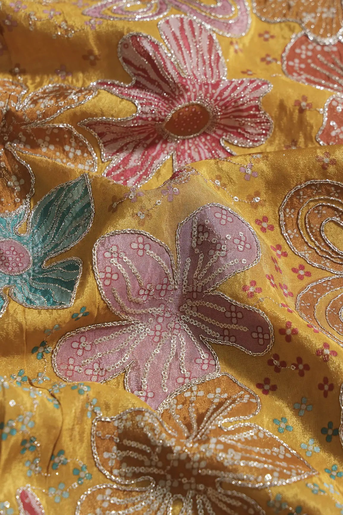 Floral Positional Print On Sequins With Zari Embroidery On Yellow Viscose Zari Tissue Fabric