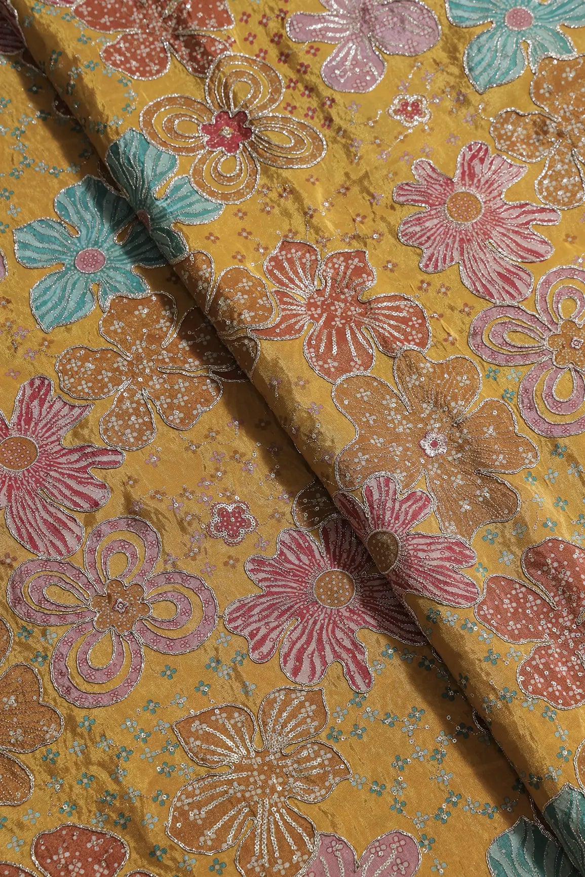 Floral Positional Print On Sequins With Zari Embroidery On Yellow Viscose Zari Tissue Fabric