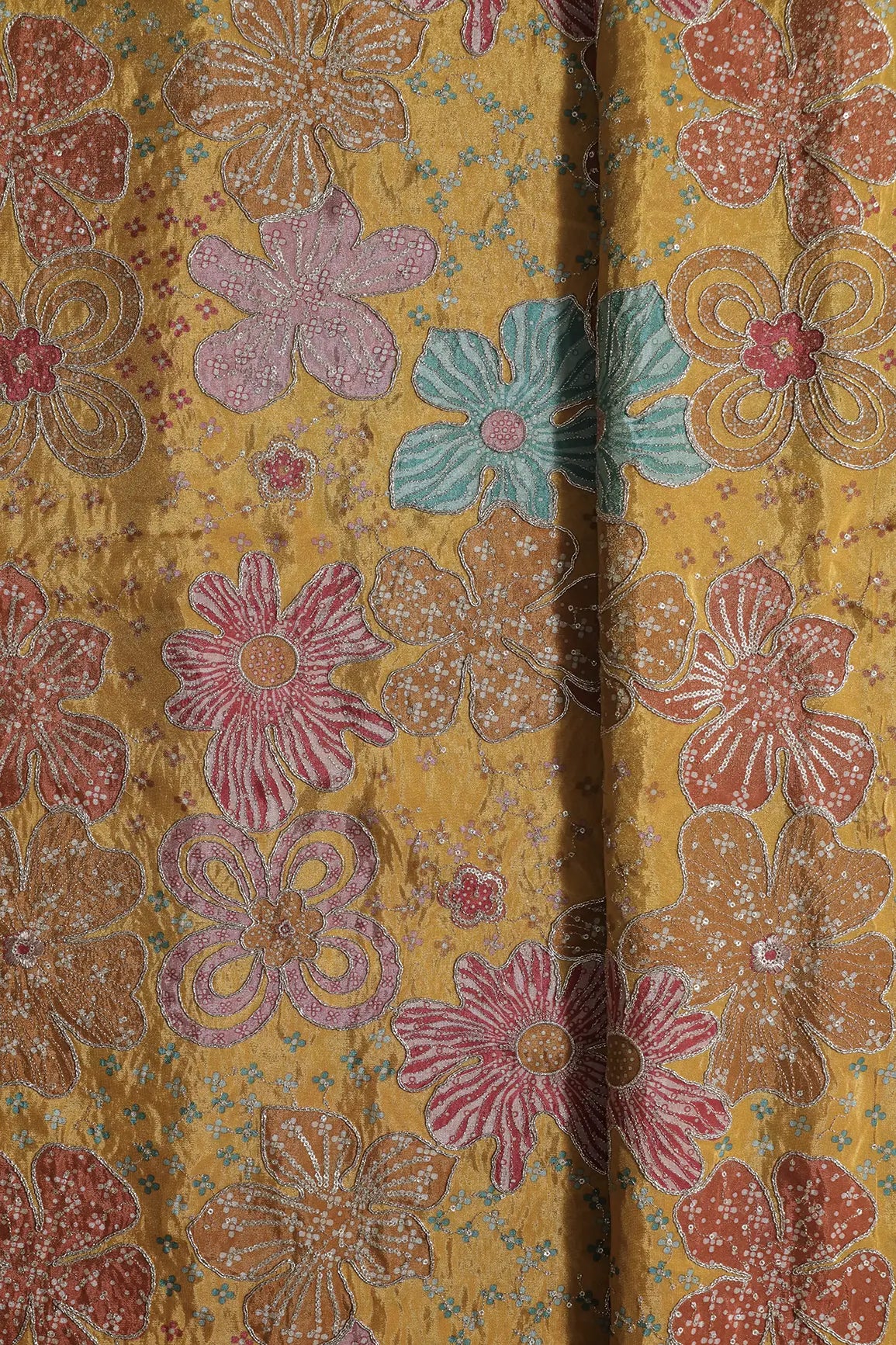 Floral Positional Print On Sequins With Zari Embroidery On Yellow Viscose Zari Tissue Fabric