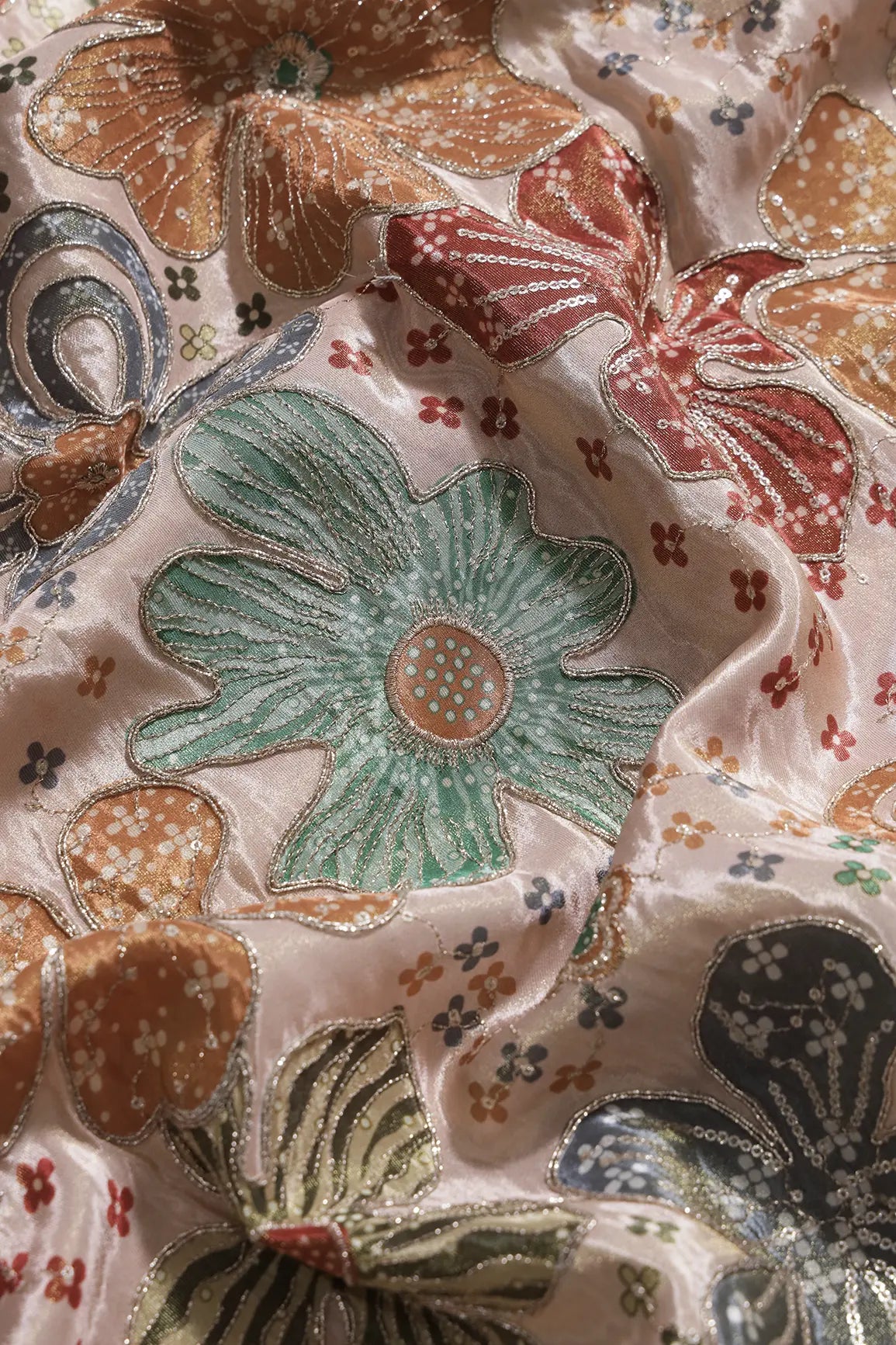 Floral Positional Print On Sequins With Zari Embroidery On Light Peach Viscose Zari Tissue Fabric