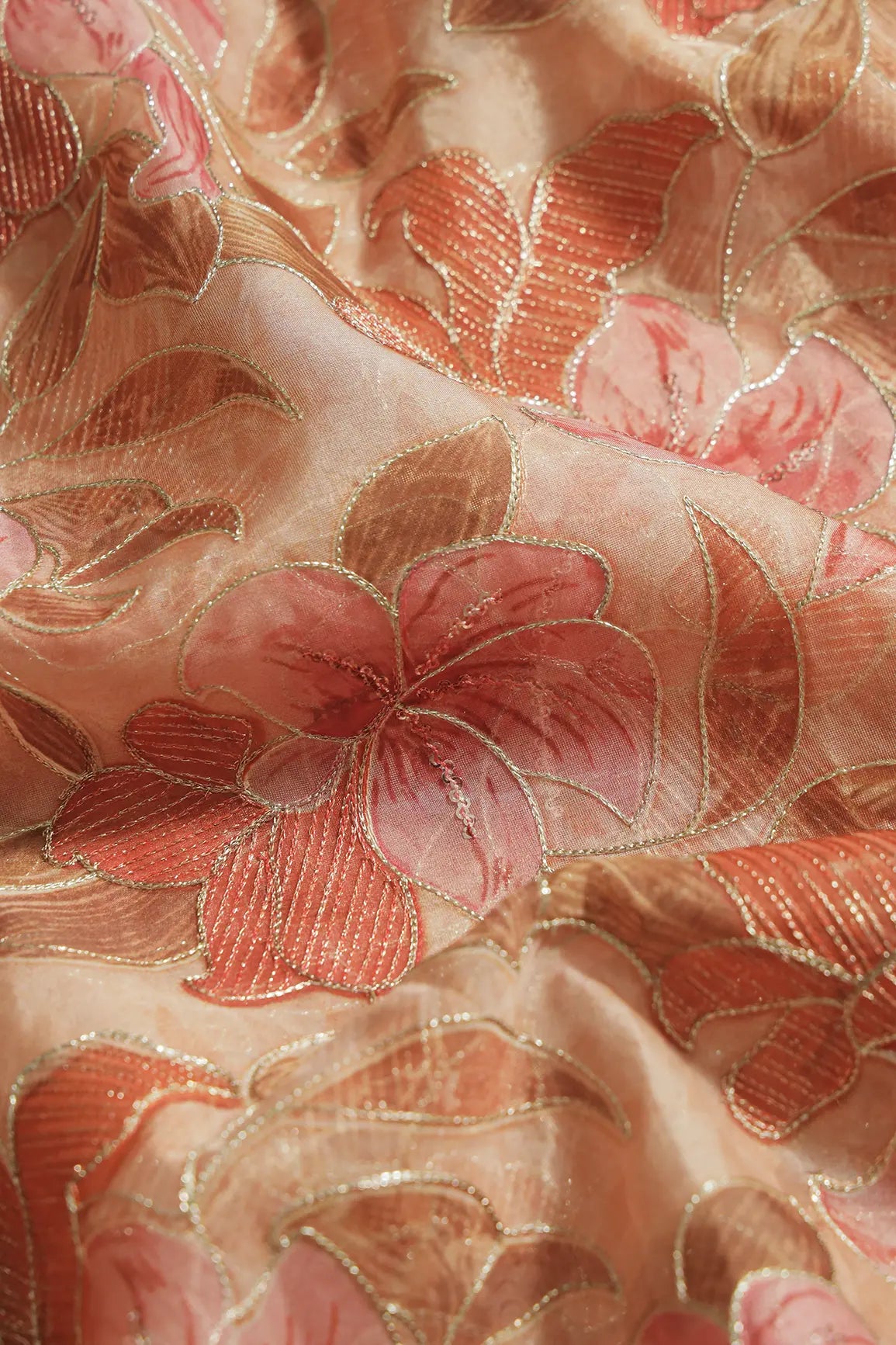 Floral Positional Print On Sequins With Zari Embroidery On Beige Organza Fabric