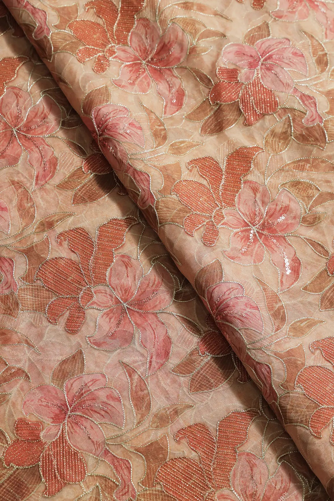 Floral Positional Print On Sequins With Zari Embroidery On Beige Organza Fabric