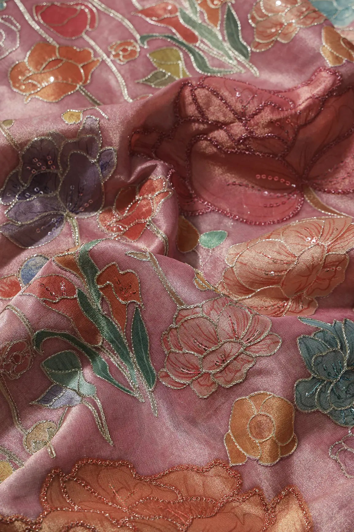 Floral Positional Print On Sequins With Zari Embroidery On Pastel Pink Zari Tissue Fabric