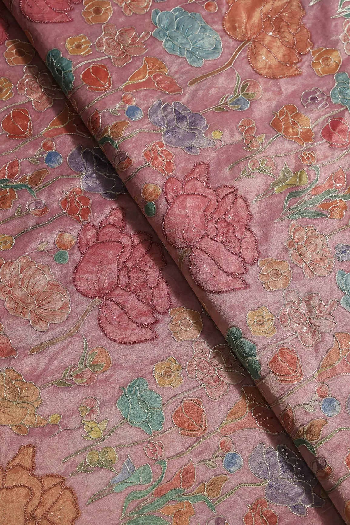 Floral Positional Print On Sequins With Zari Embroidery On Pastel Pink Zari Tissue Fabric