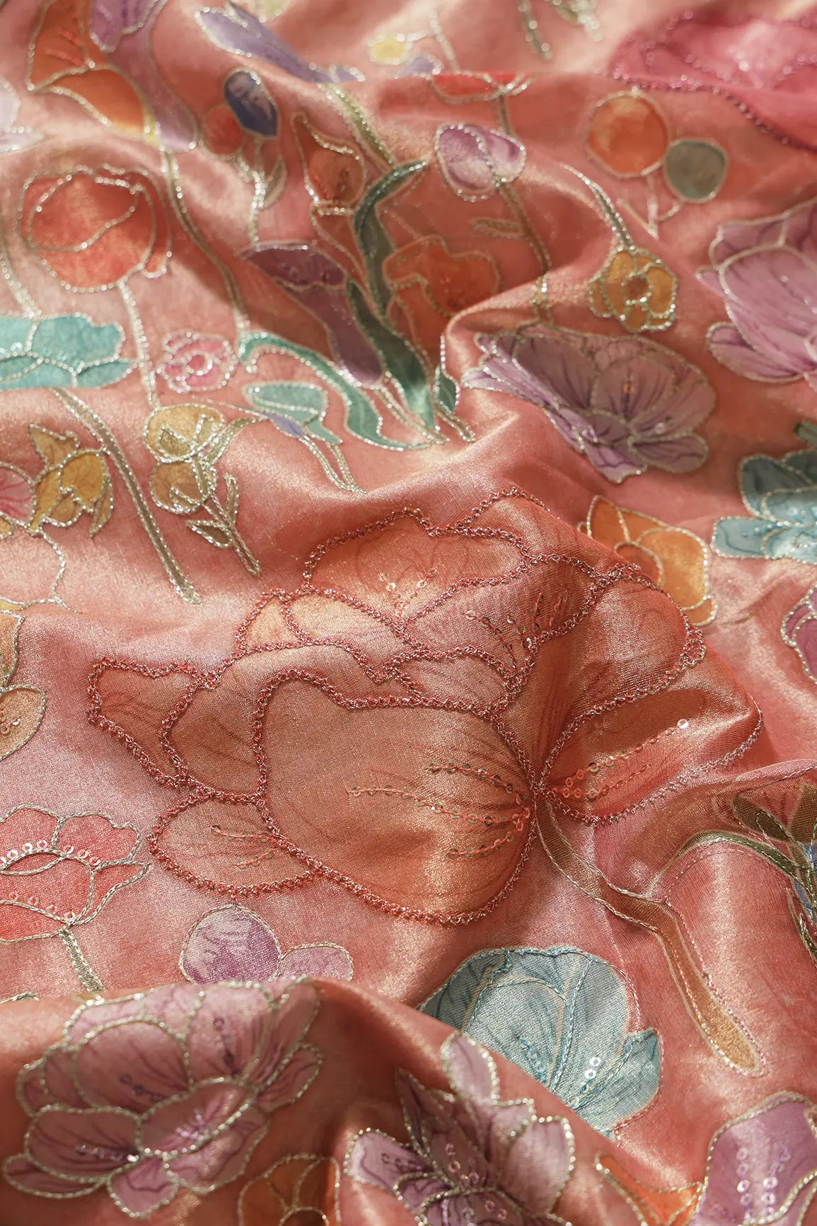 Floral Positional Print On Sequins With Zari Embroidery On Peach Zari Tissue Fabric