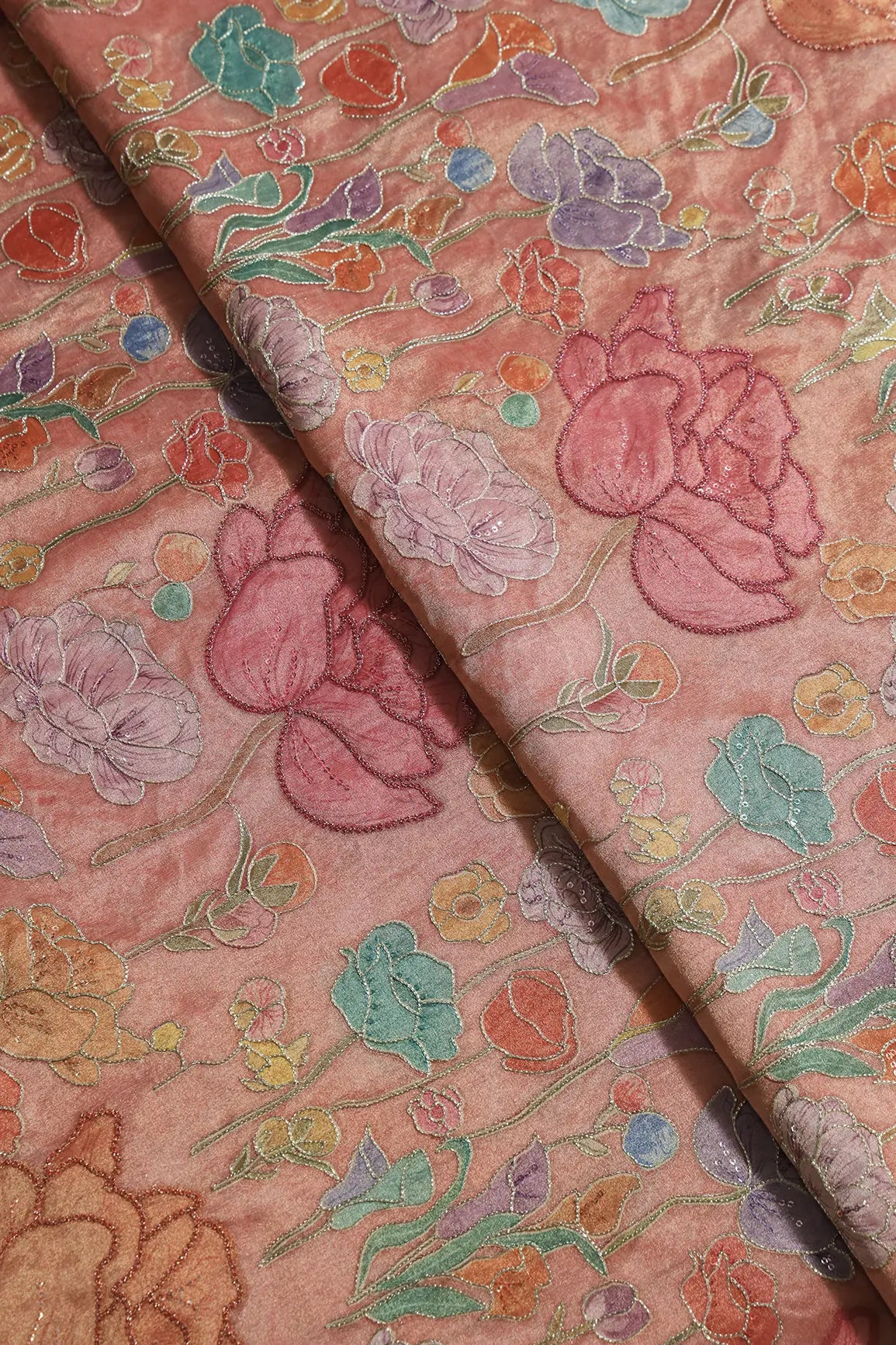 Floral Positional Print On Sequins With Zari Embroidery On Peach Zari Tissue Fabric
