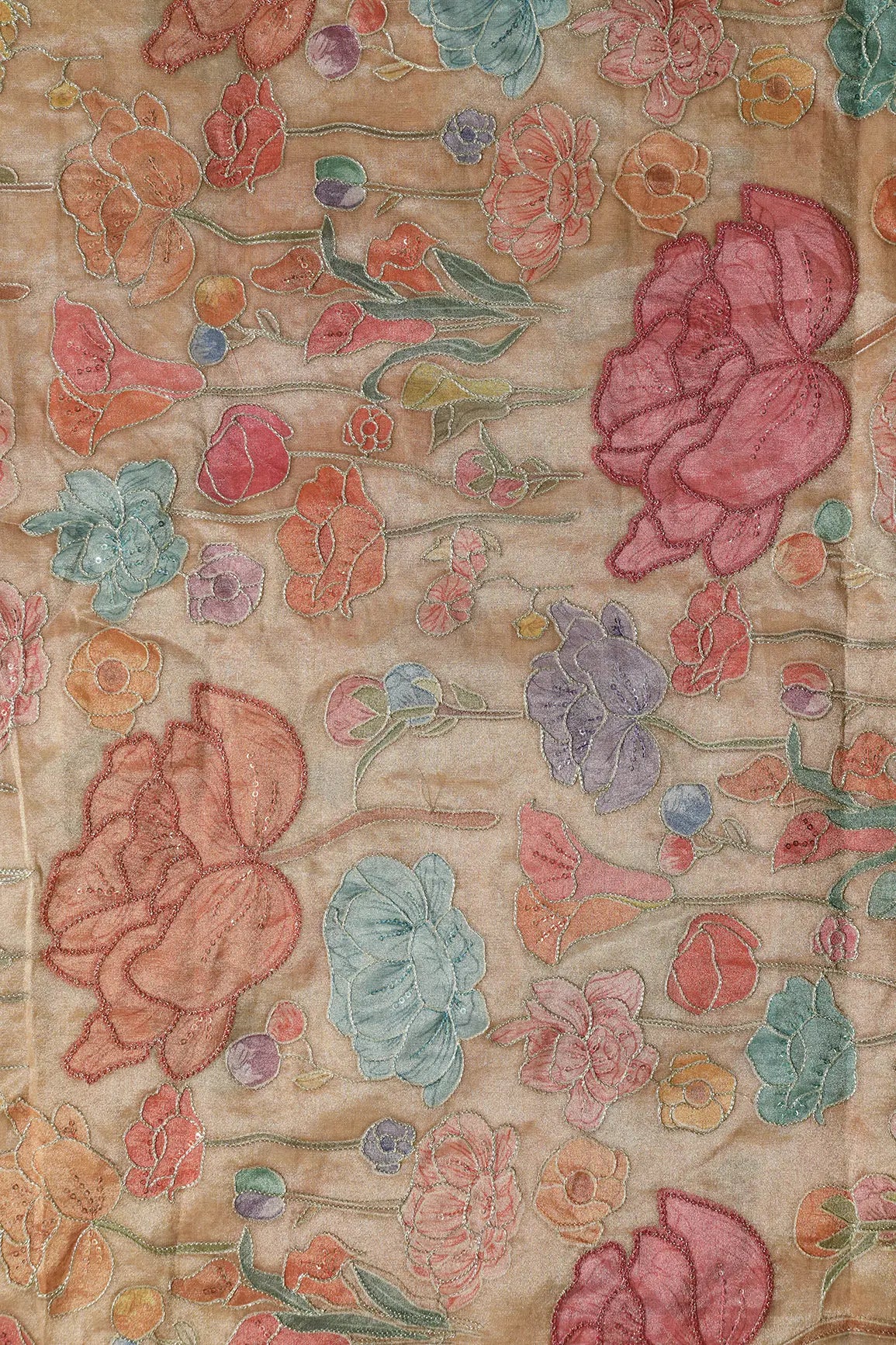 Floral Positional Print On Sequins With Zari Embroidery On Beige Zari Tissue Fabric