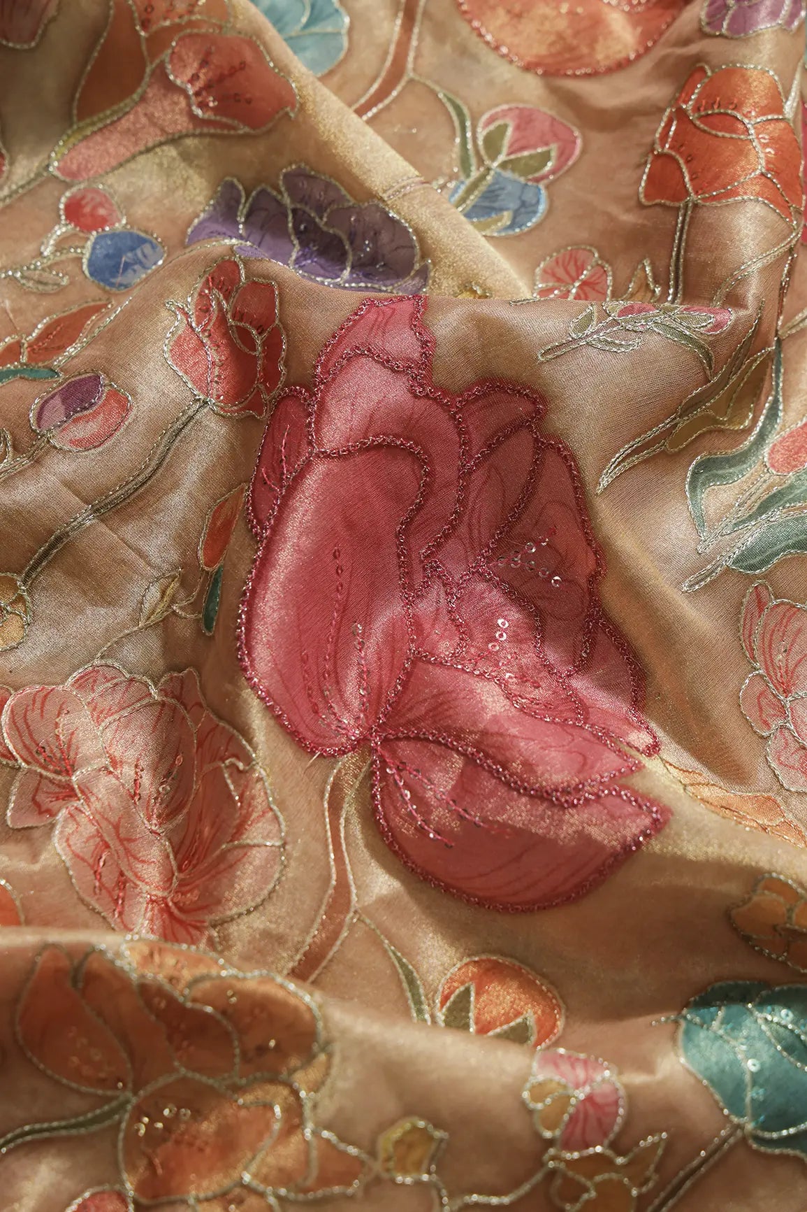 Floral Positional Print On Sequins With Zari Embroidery On Beige Zari Tissue Fabric