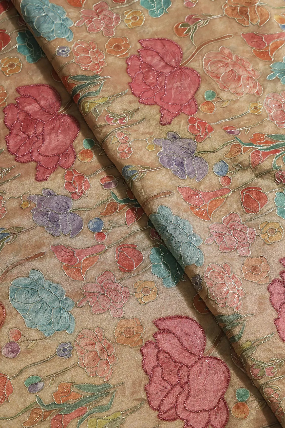 Floral Positional Print On Sequins With Zari Embroidery On Beige Zari Tissue Fabric