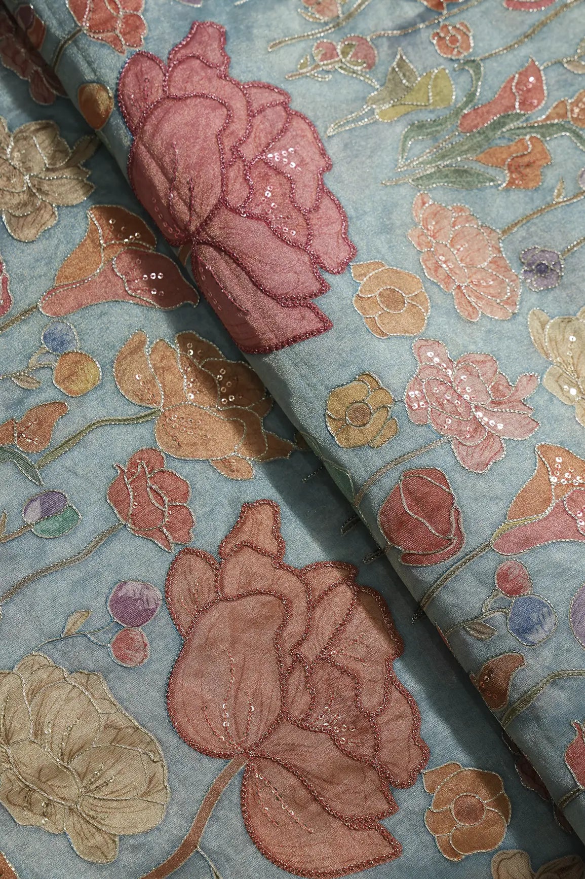 Floral Positional Print On Sequins With Zari Embroidery On Teal Zari Tissue Fabric
