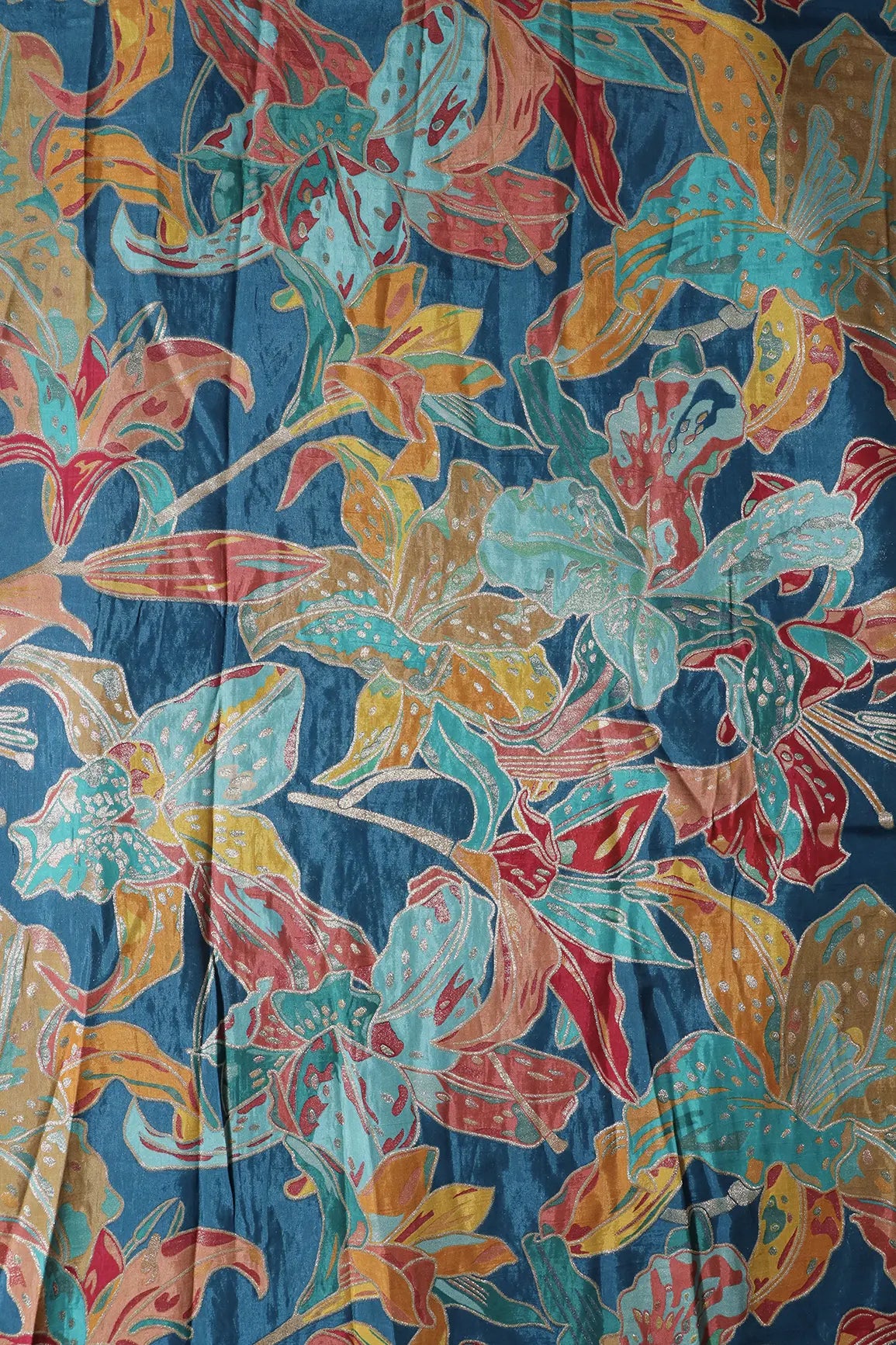 Positional Floral Zari Print On Rama Viscose Dola Silk Jacquard Fabric