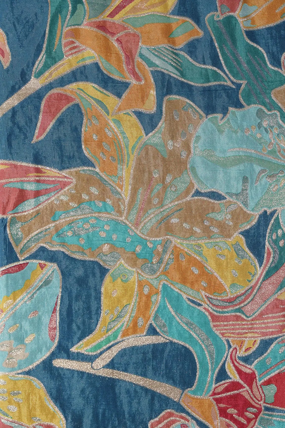 Positional Floral Zari Print On Rama Viscose Dola Silk Jacquard Fabric