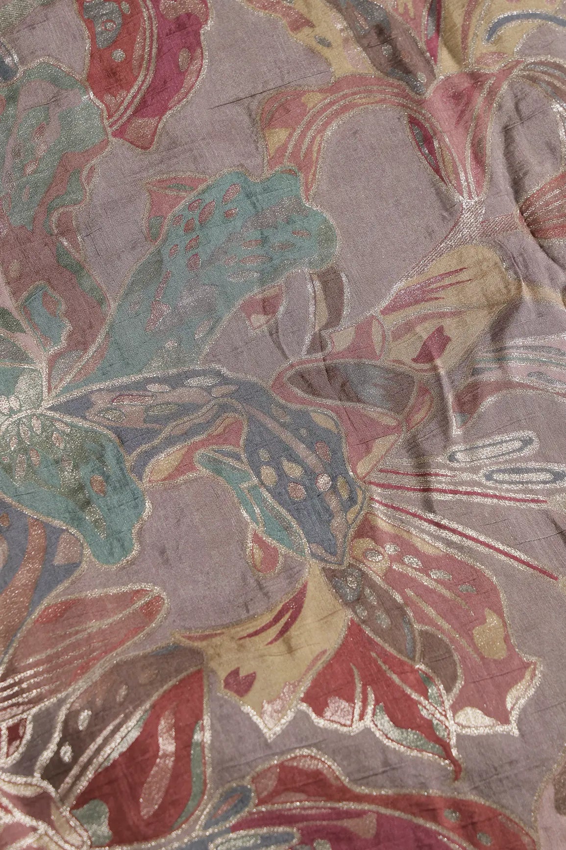 Positional Floral Zari Print On Mauve Viscose Dola Silk Jacquard Fabric