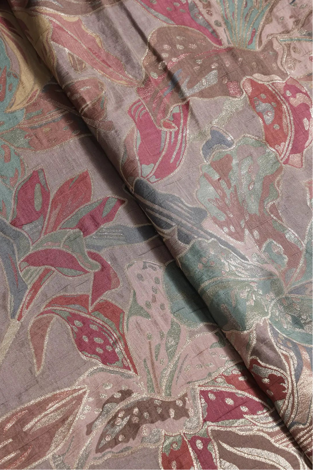 Positional Floral Zari Print On Mauve Viscose Dola Silk Jacquard Fabric