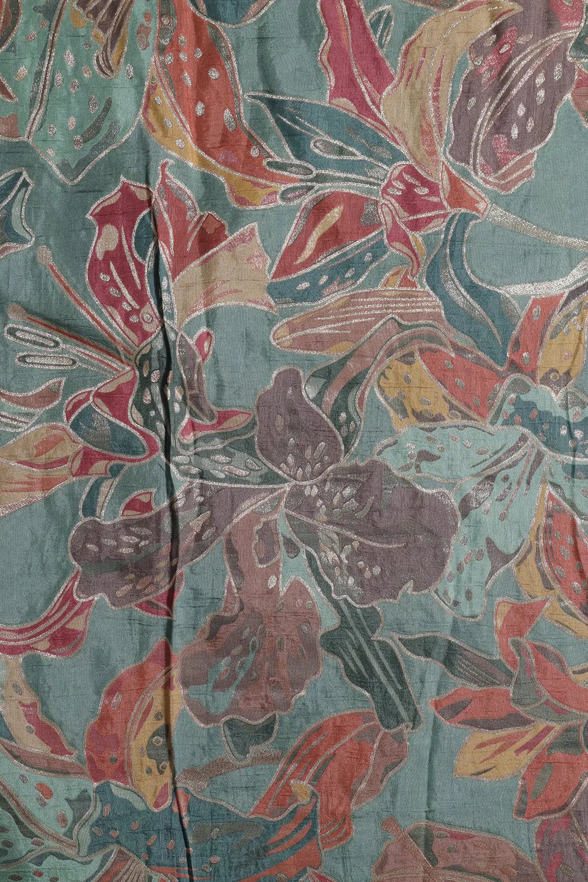 Positional Floral Zari Print On Teal Viscose Dola Silk Jacquard Fabric