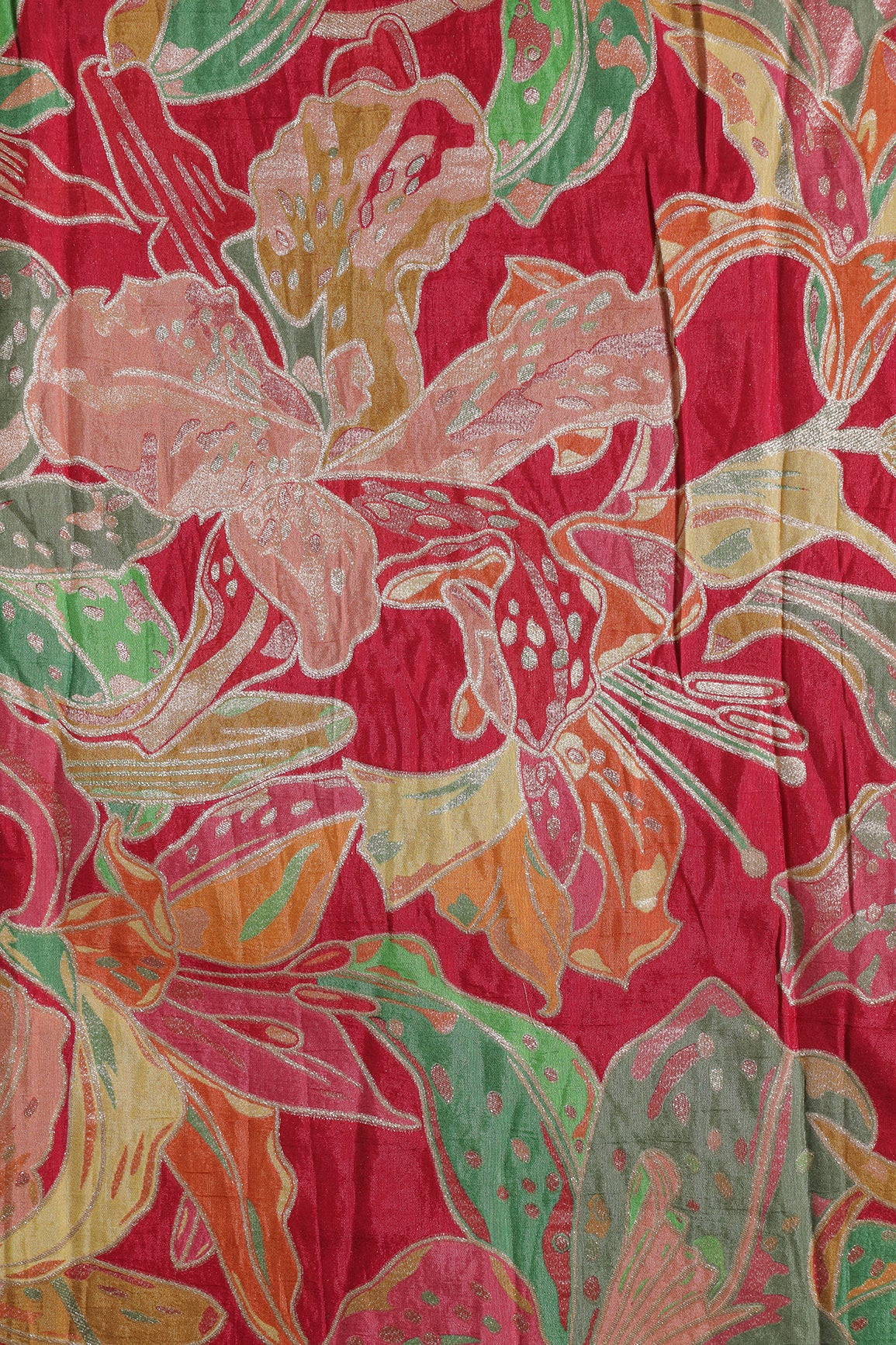 Positional Floral Zari Print On Fuchsia Viscose Dola Silk Jacquard Fabric