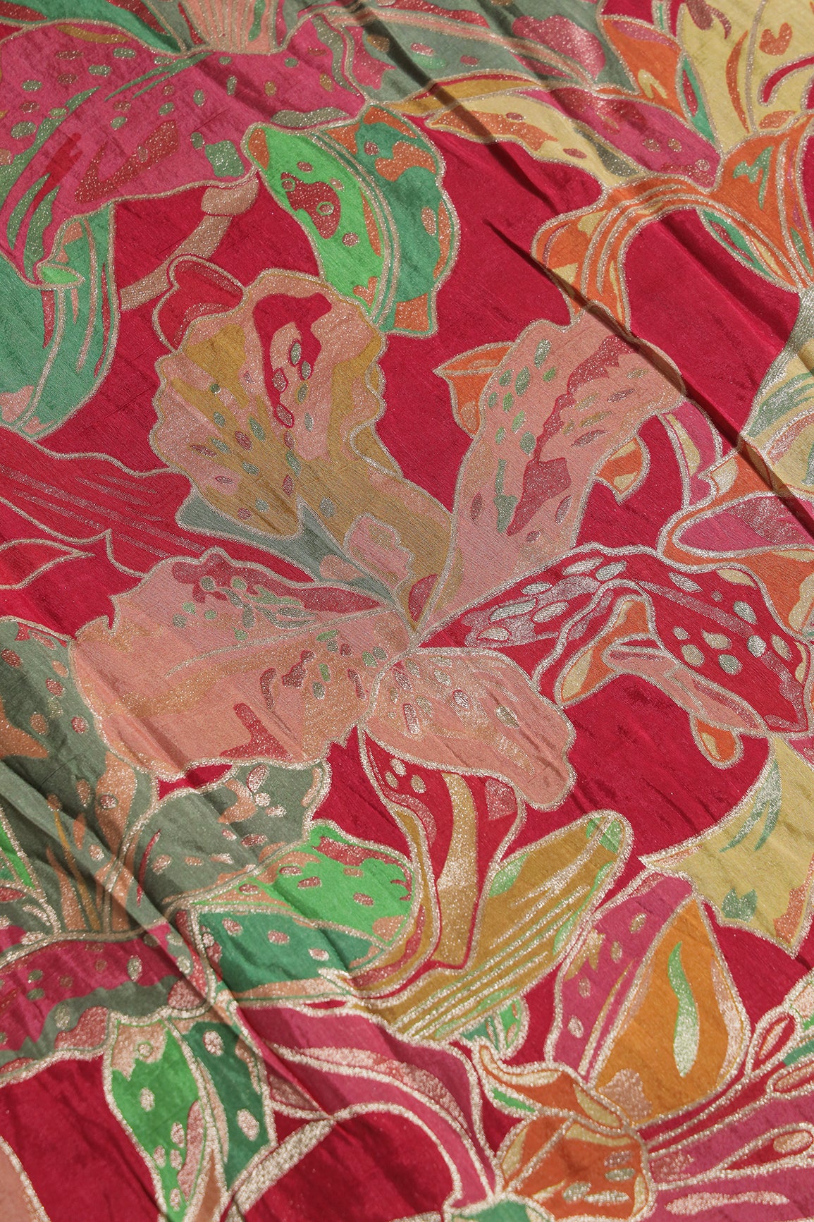 Positional Floral Zari Print On Fuchsia Viscose Dola Silk Jacquard Fabric