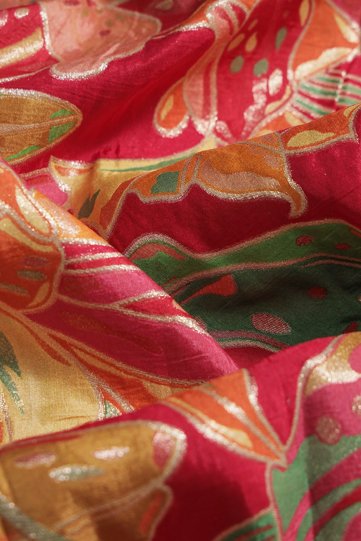 Positional Floral Zari Print On Fuchsia Viscose Dola Silk Jacquard Fabric